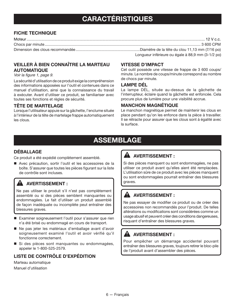 Caractéristiques, Assemblage | Ryobi JG001 User Manual | Page 13 / 24