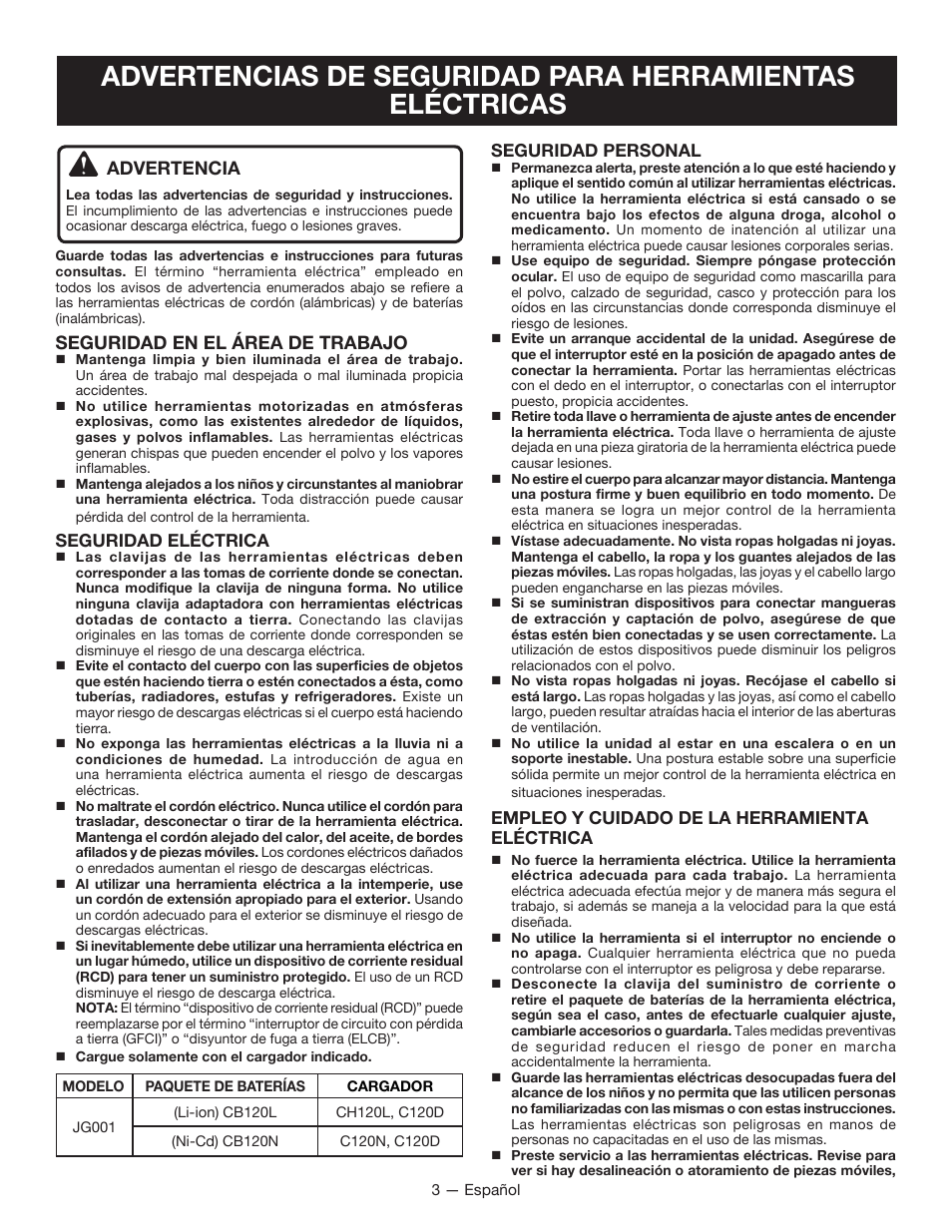 Advertencia, Seguridad en el área de trabajo | Ryobi JG001 User Manual | Page 17 / 24