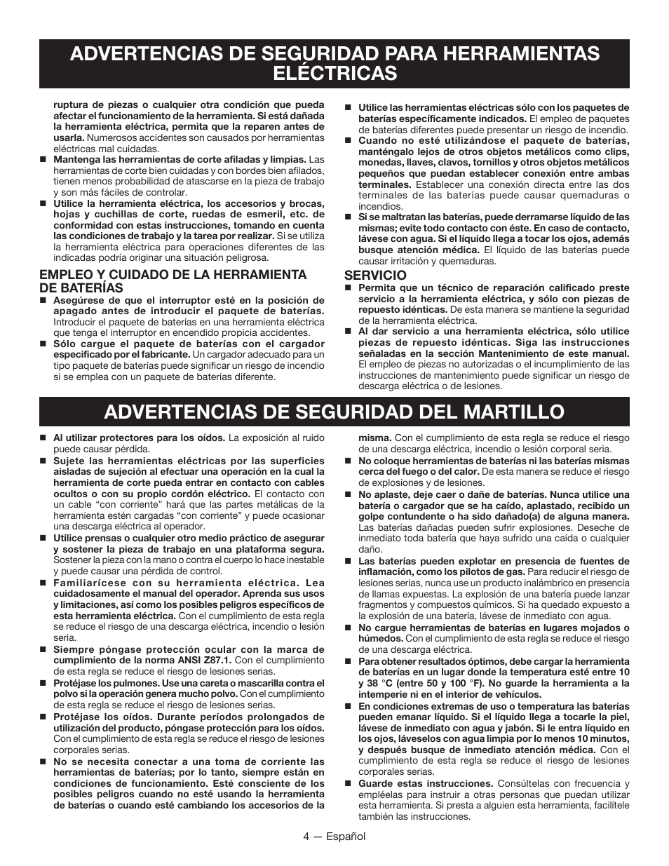 Advertencias de seguridad del martillo, Empleo y cuidado de la herramienta de baterías, Servicio | Ryobi JG001 User Manual | Page 18 / 24