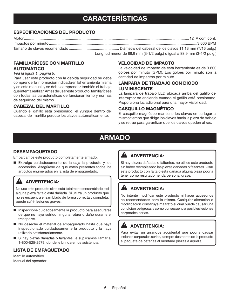 Características, Armado | Ryobi JG001 User Manual | Page 20 / 24