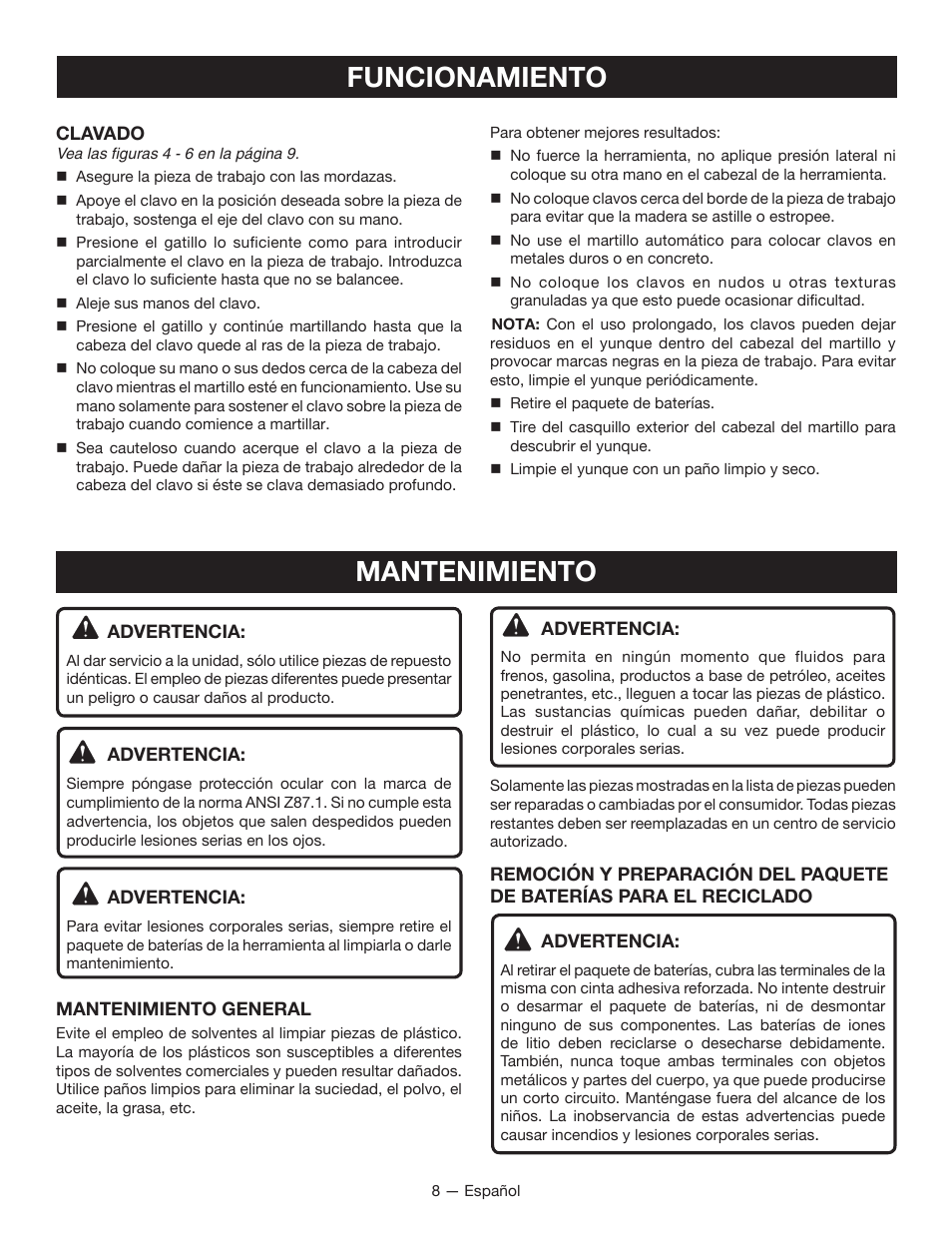 Funcionamiento mantenimiento | Ryobi JG001 User Manual | Page 22 / 24