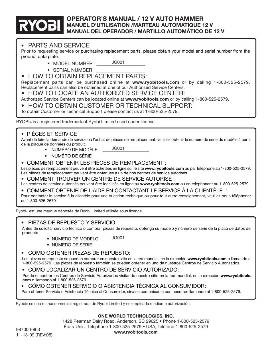 Parts and service, How to obtain replacement parts, How to locate an authorized service center | How to obtain customer or technical support, Operator’s manual / 12 v auto hammer | Ryobi JG001 User Manual | Page 24 / 24