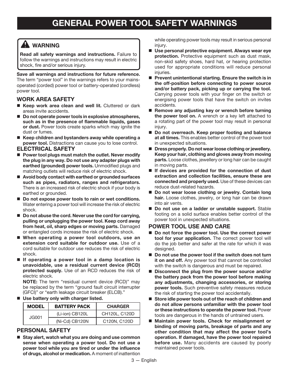 General power tool safety warnings | Ryobi JG001 User Manual | Page 3 / 24