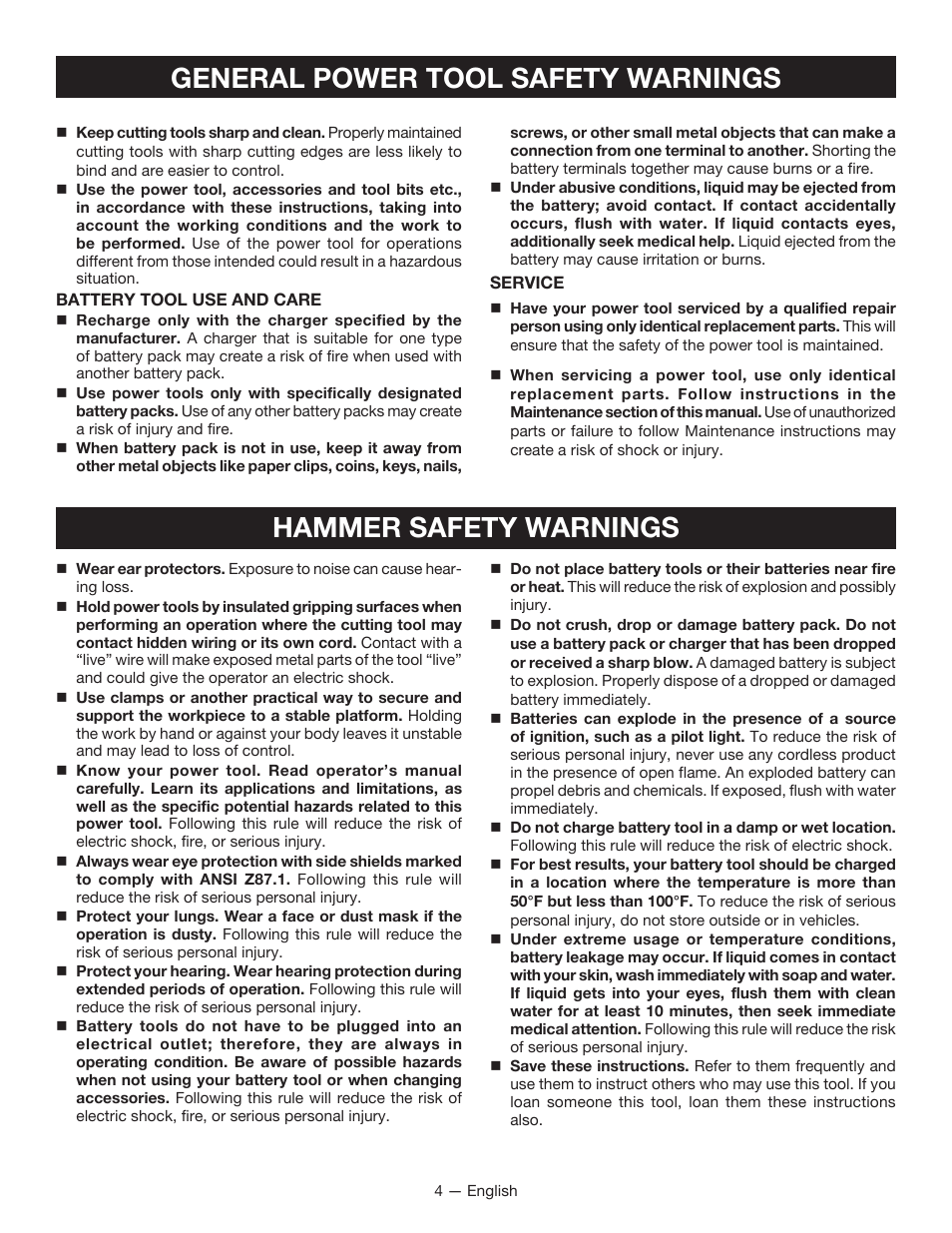 General power tool safety warnings, Hammer safety warnings | Ryobi JG001 User Manual | Page 4 / 24