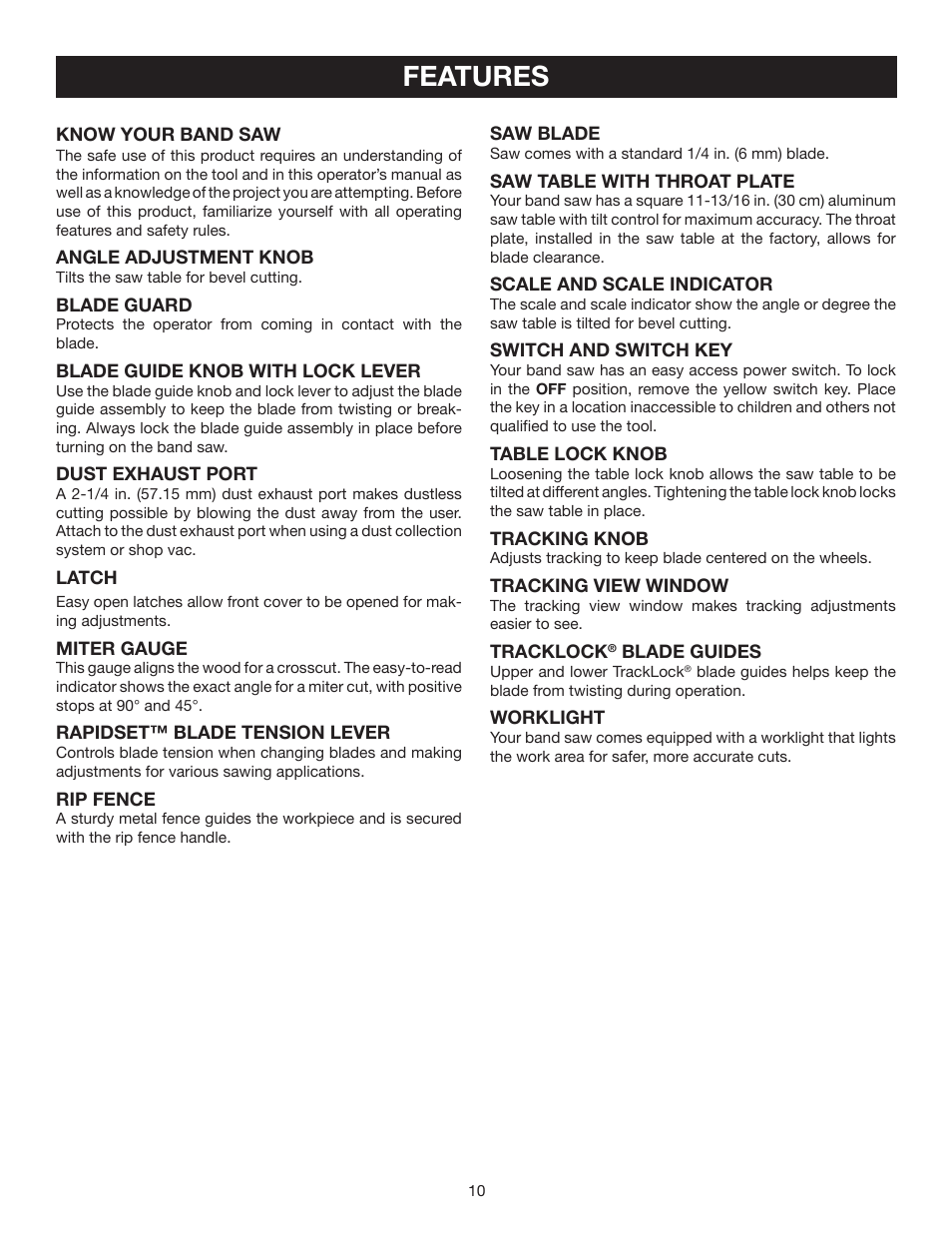 Features | Ryobi BS902 User Manual | Page 10 / 26