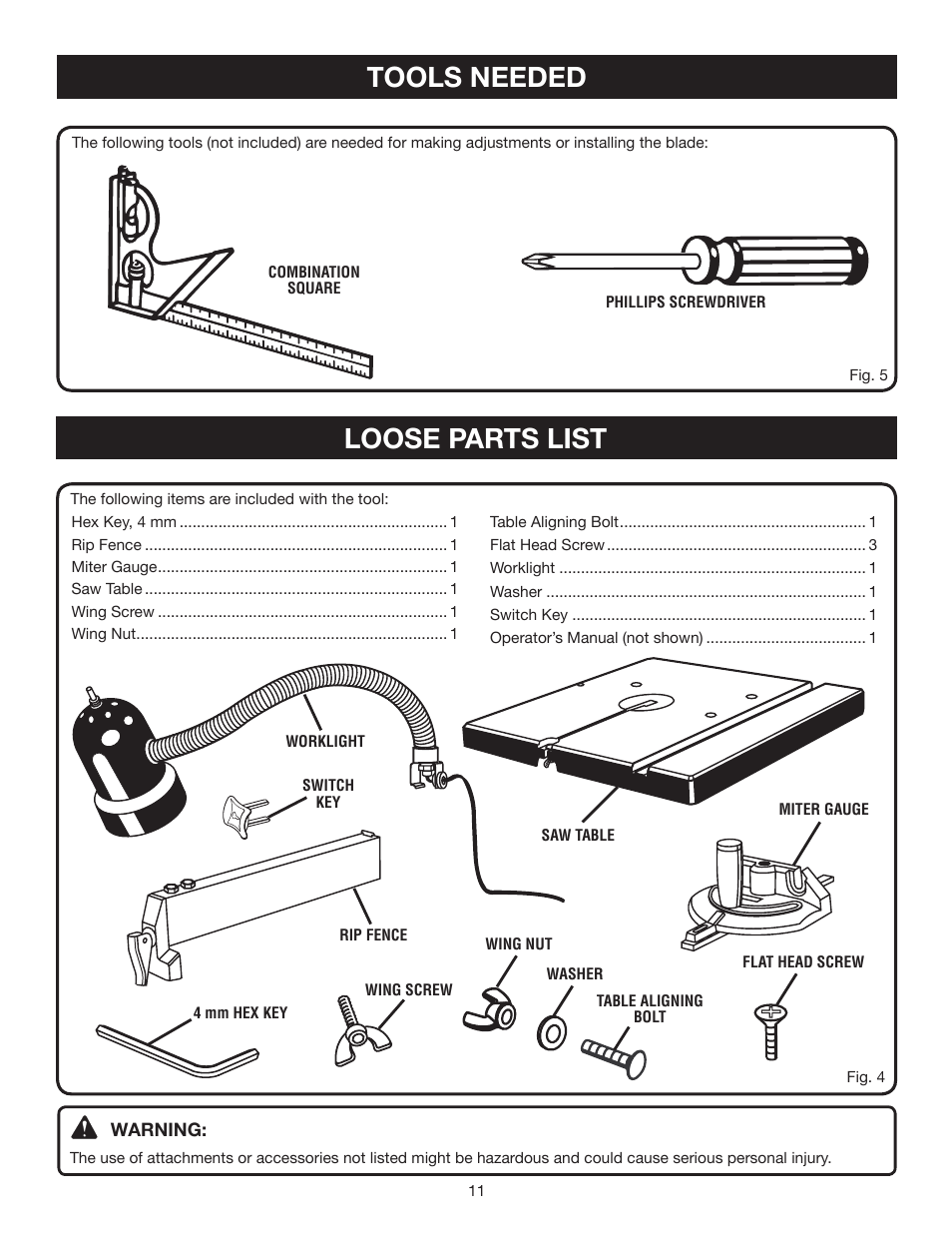 Tools needed, Loose parts list | Ryobi BS902 User Manual | Page 11 / 26