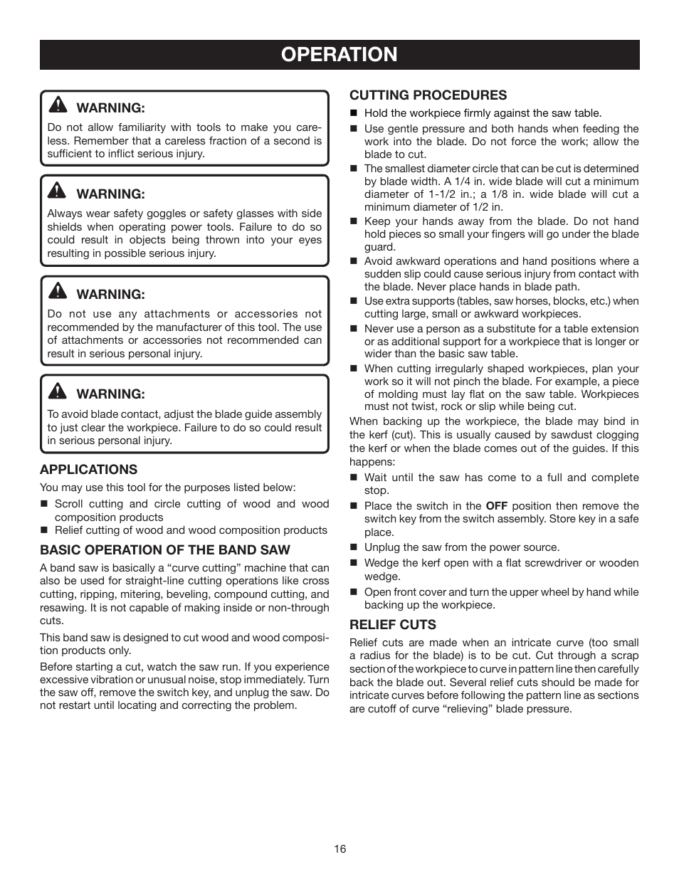 Operation | Ryobi BS902 User Manual | Page 16 / 26
