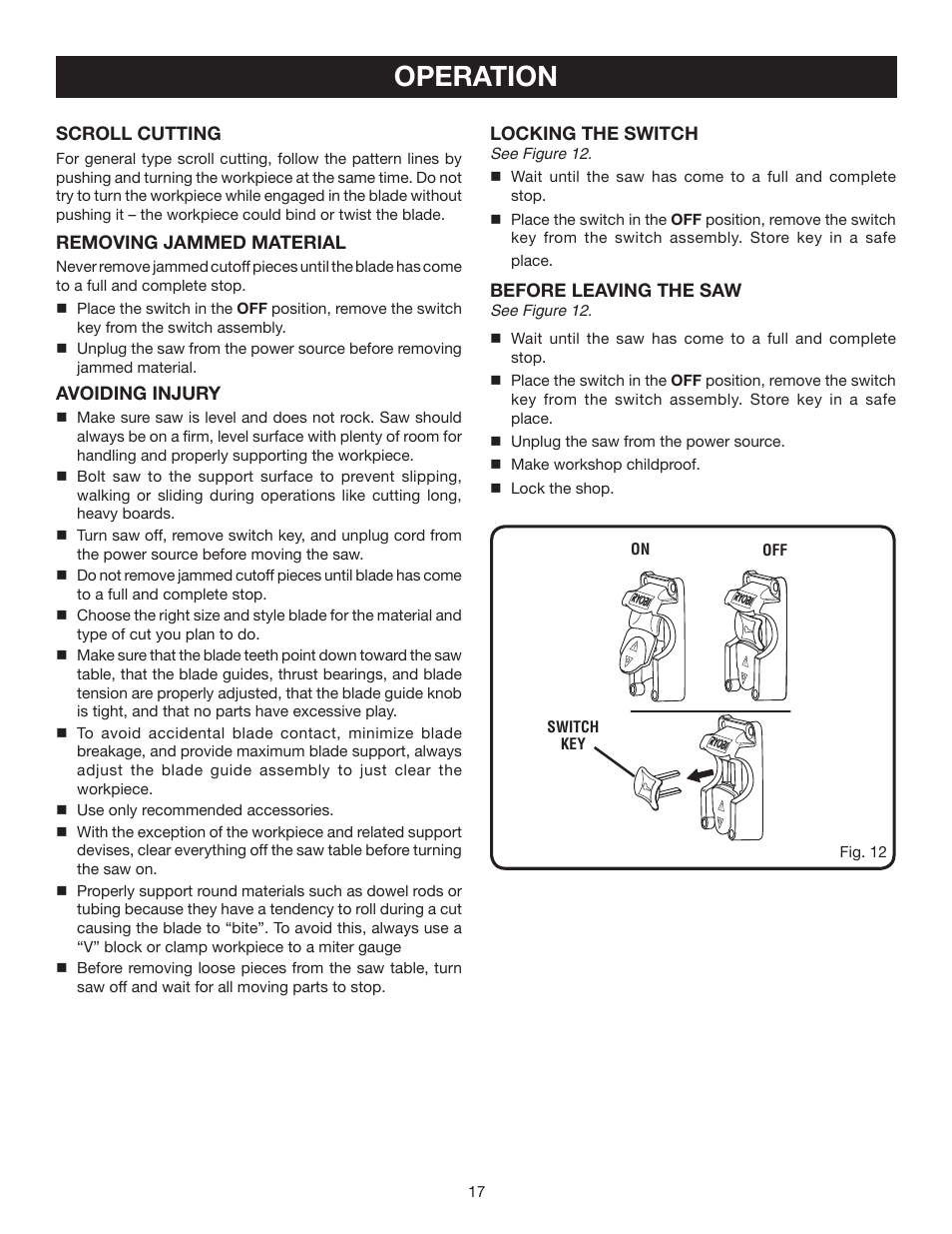 Operation | Ryobi BS902 User Manual | Page 17 / 26