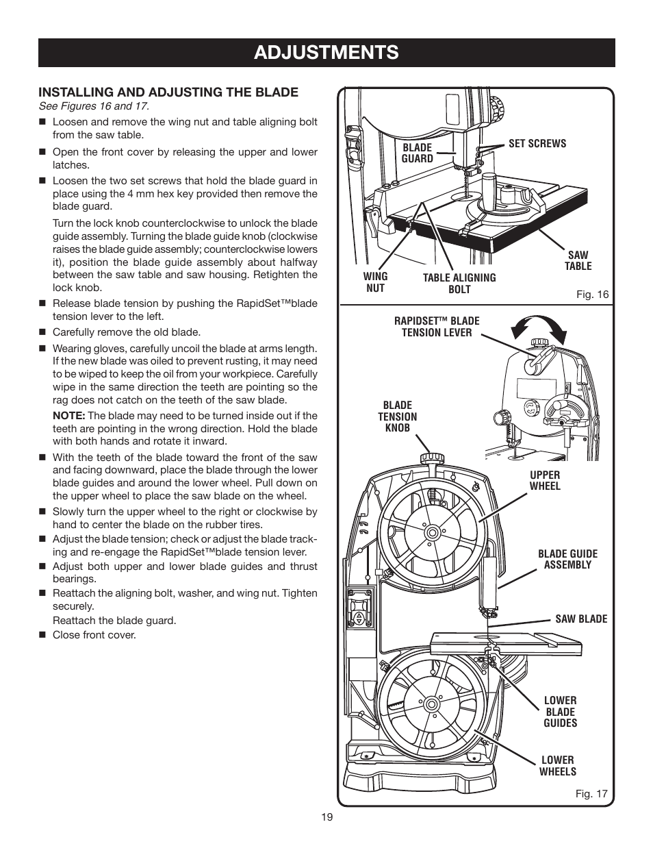 Adjustments | Ryobi BS902 User Manual | Page 19 / 26