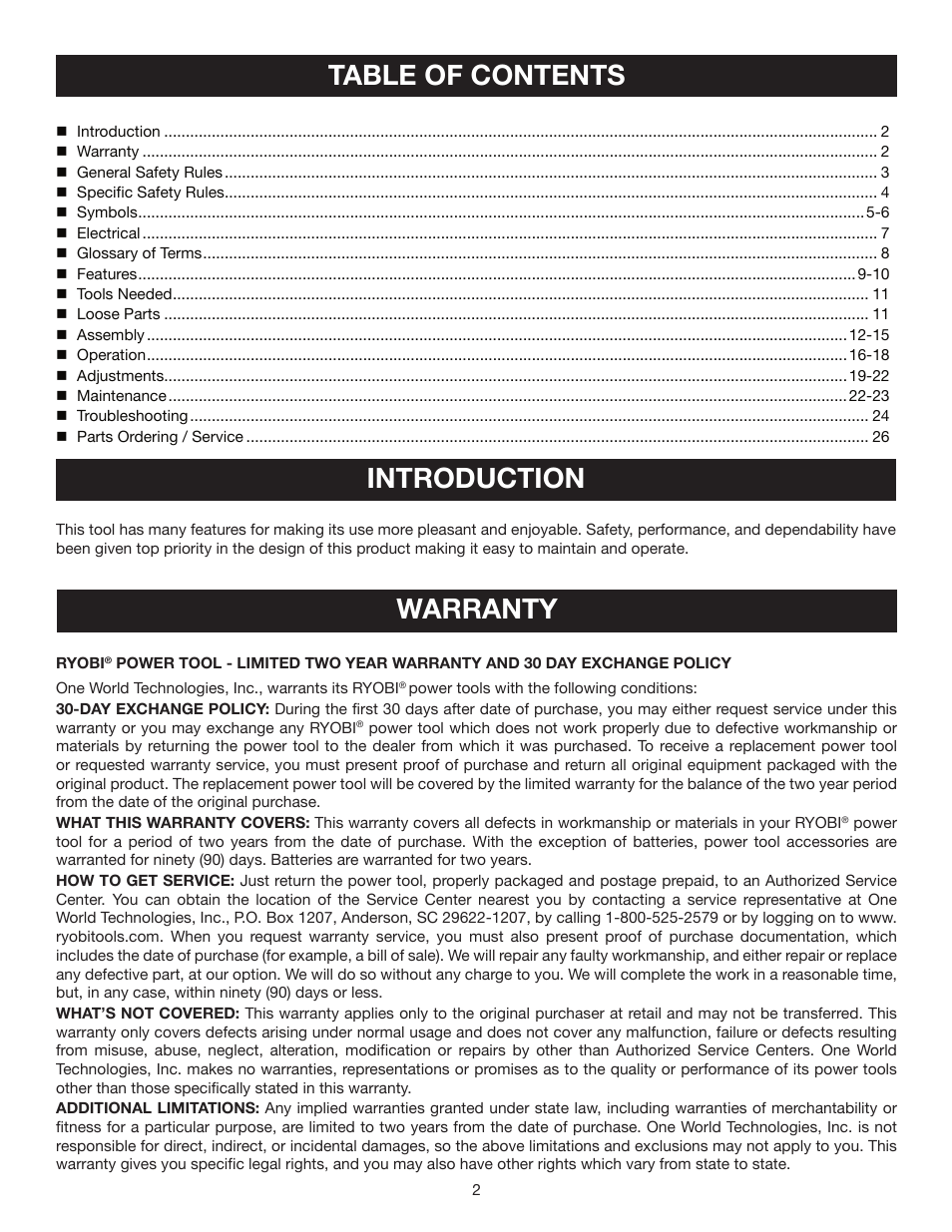 Table of contents introduction, Warranty | Ryobi BS902 User Manual | Page 2 / 26