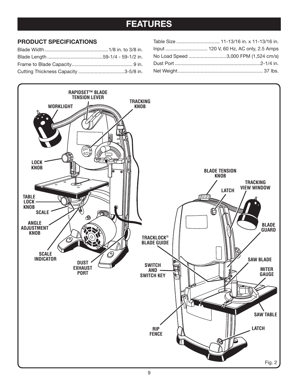 Features | Ryobi BS902 User Manual | Page 9 / 26