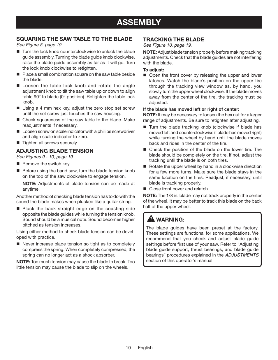 Assembly | Ryobi BS903 User Manual | Page 10 / 56