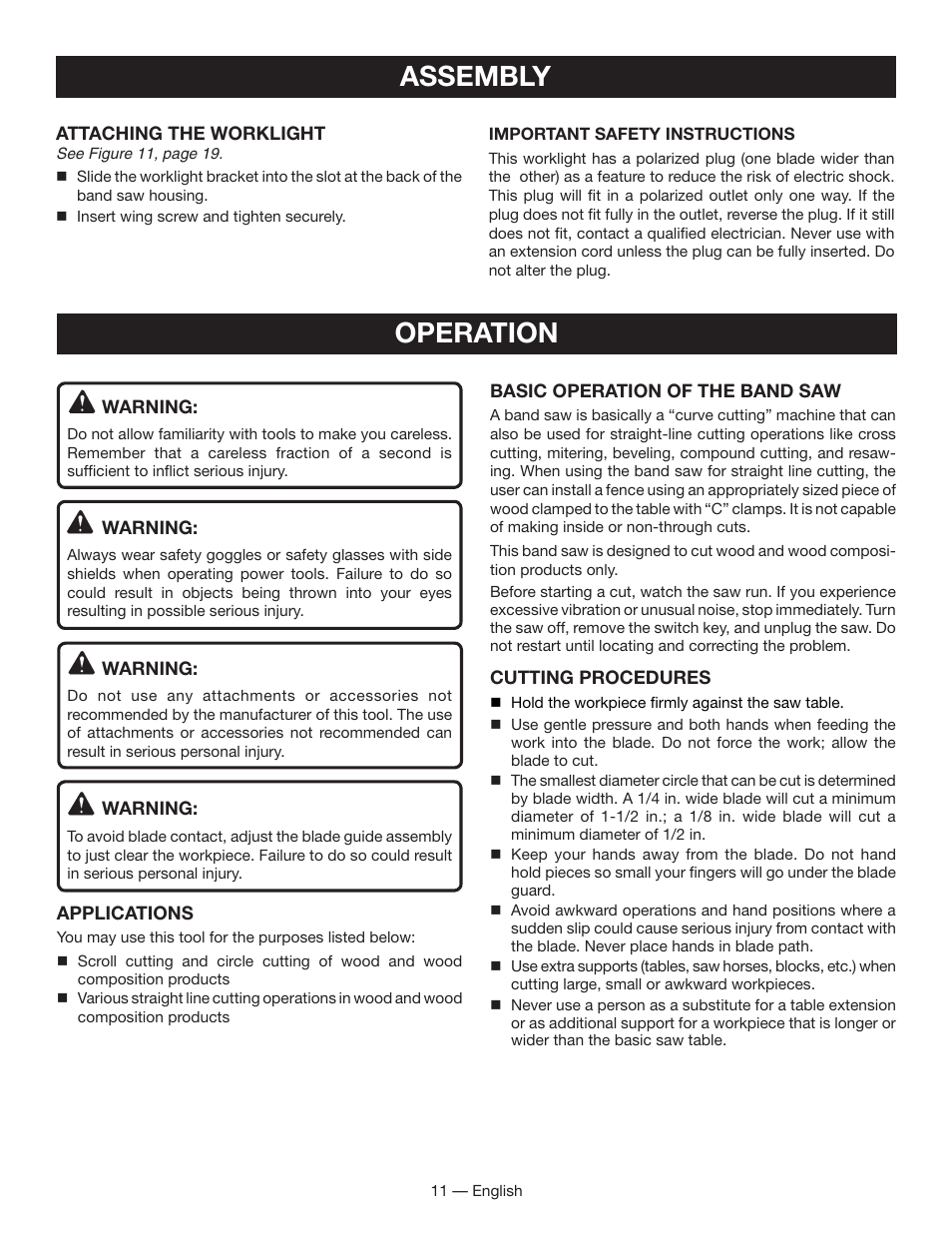 Operation, Assembly | Ryobi BS903 User Manual | Page 11 / 56