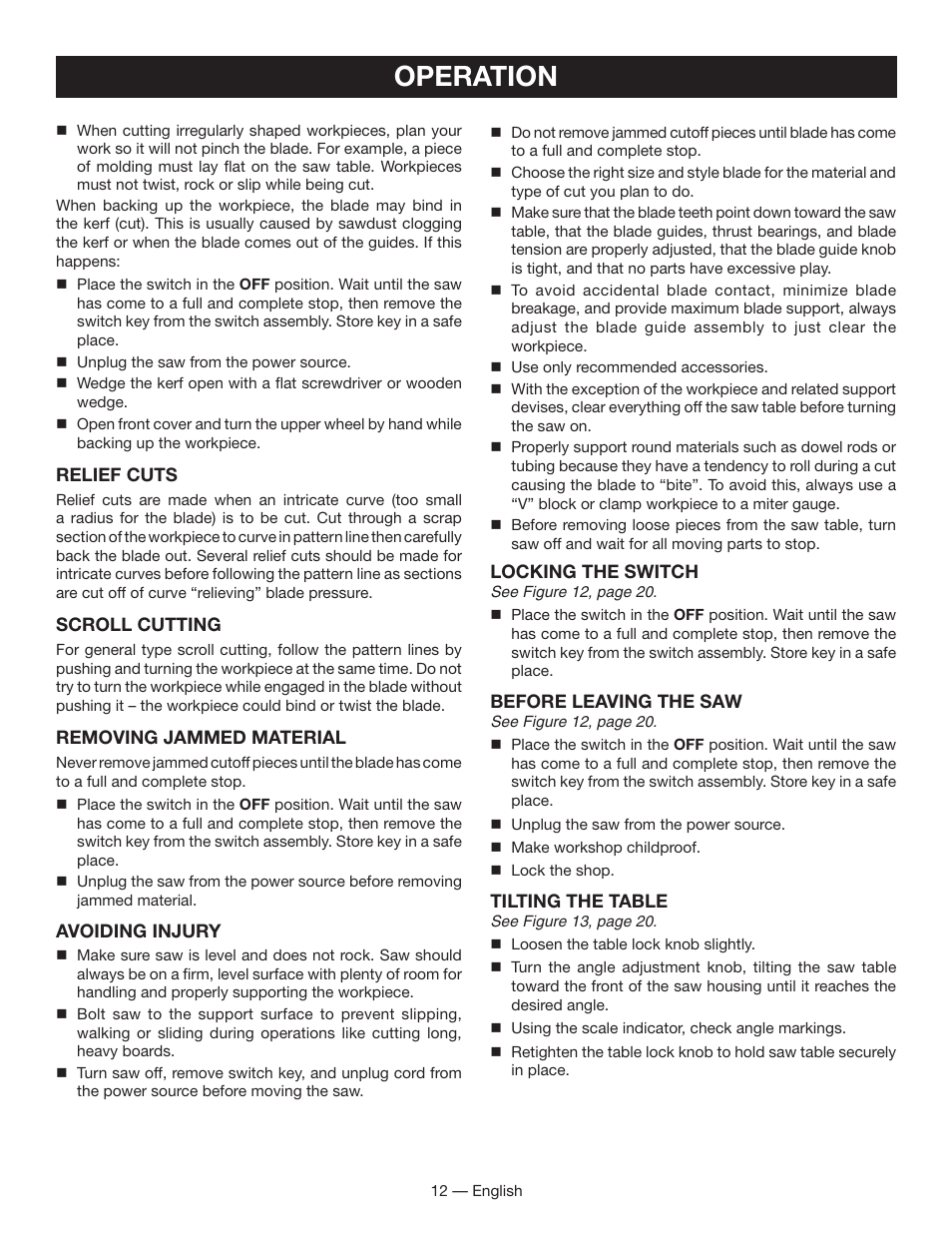 Operation | Ryobi BS903 User Manual | Page 12 / 56
