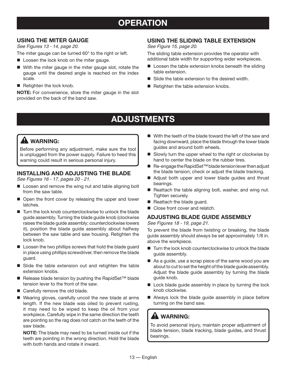 Adjustments, Operation | Ryobi BS903 User Manual | Page 13 / 56