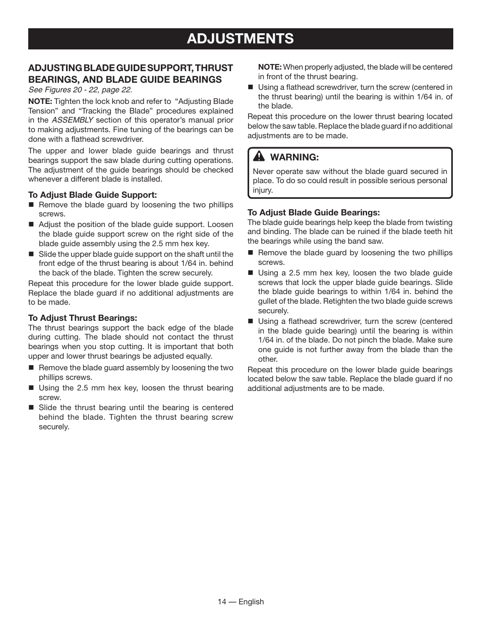 Adjustments | Ryobi BS903 User Manual | Page 14 / 56