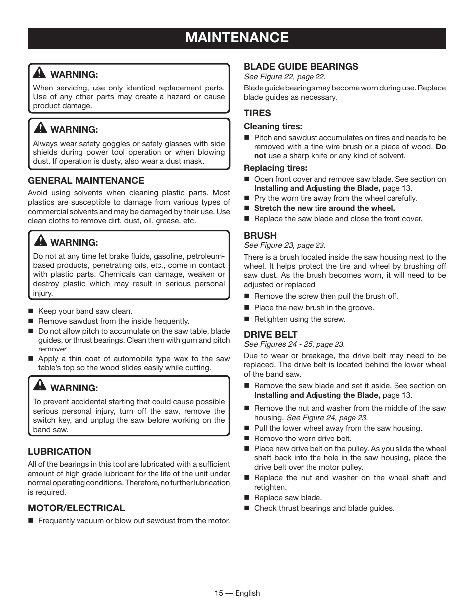 Maintenance | Ryobi BS903 User Manual | Page 15 / 56