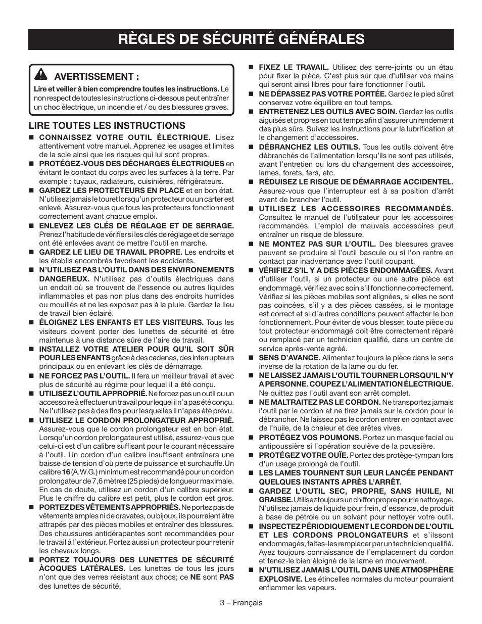 Règles de sécurité générales, Avertissement, Lire toutes les instructions | Ryobi BS903 User Manual | Page 18 / 56