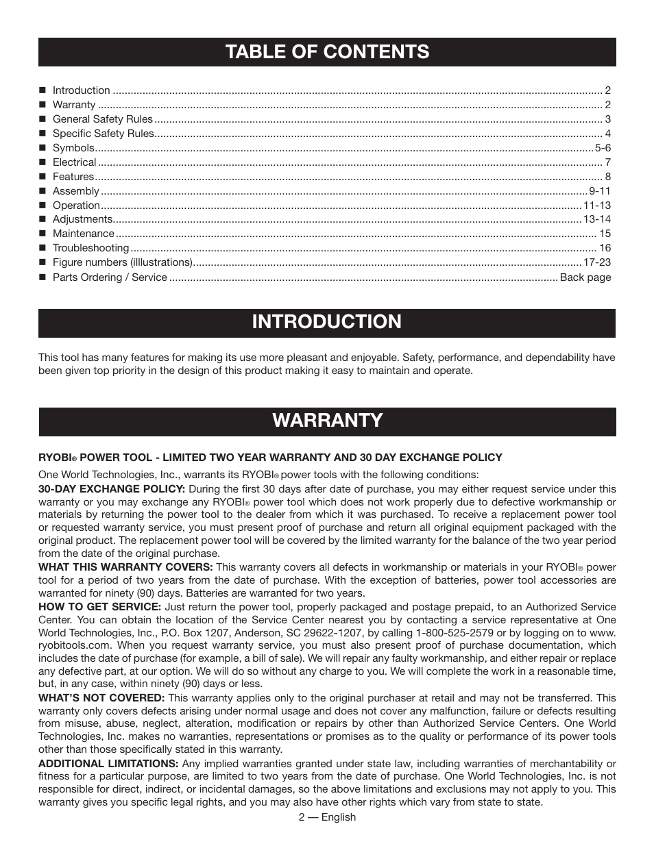 Table of contents introduction, Warranty | Ryobi BS903 User Manual | Page 2 / 56