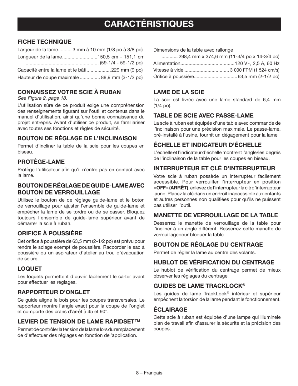 Caractéristiques | Ryobi BS903 User Manual | Page 23 / 56