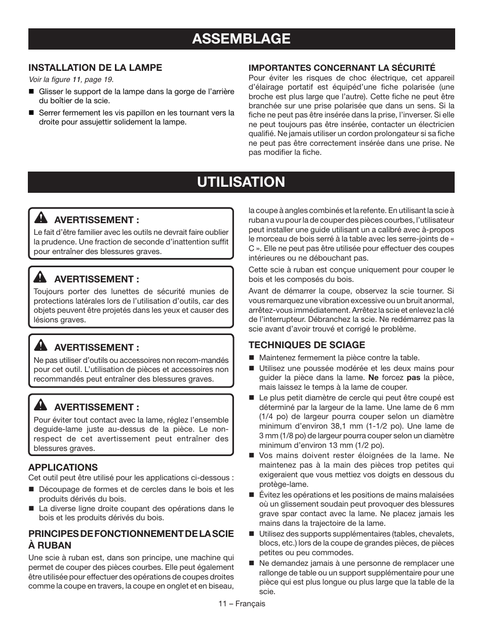 Assemblage, Utilisation | Ryobi BS903 User Manual | Page 26 / 56