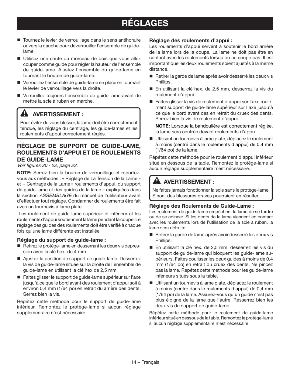 Réglages | Ryobi BS903 User Manual | Page 29 / 56