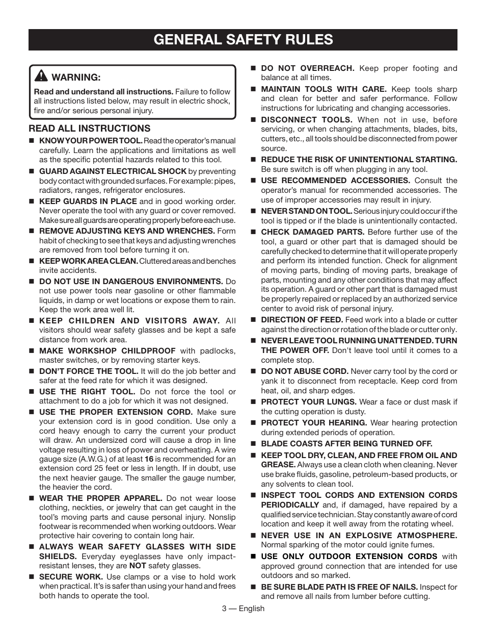 General safety rules | Ryobi BS903 User Manual | Page 3 / 56