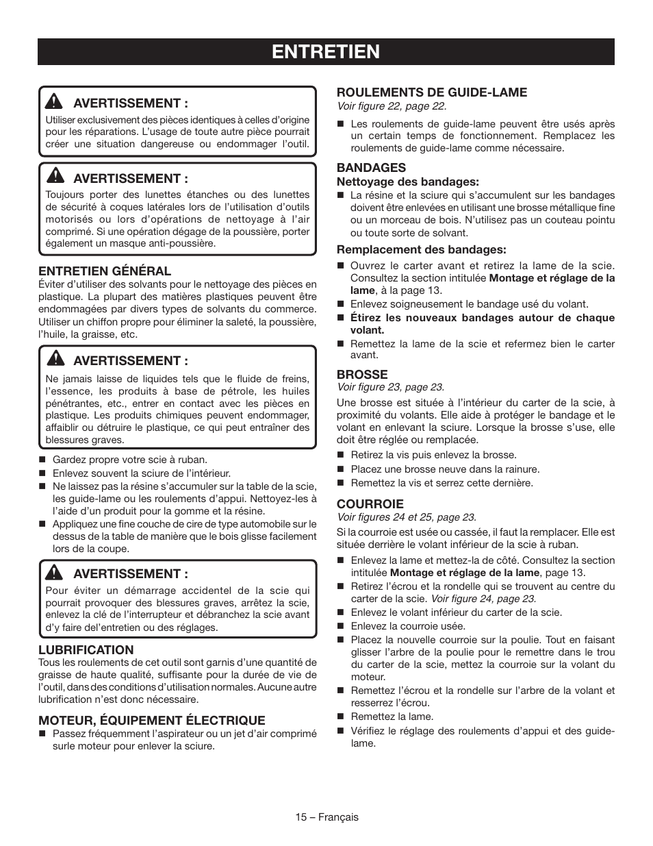 Entretien | Ryobi BS903 User Manual | Page 30 / 56