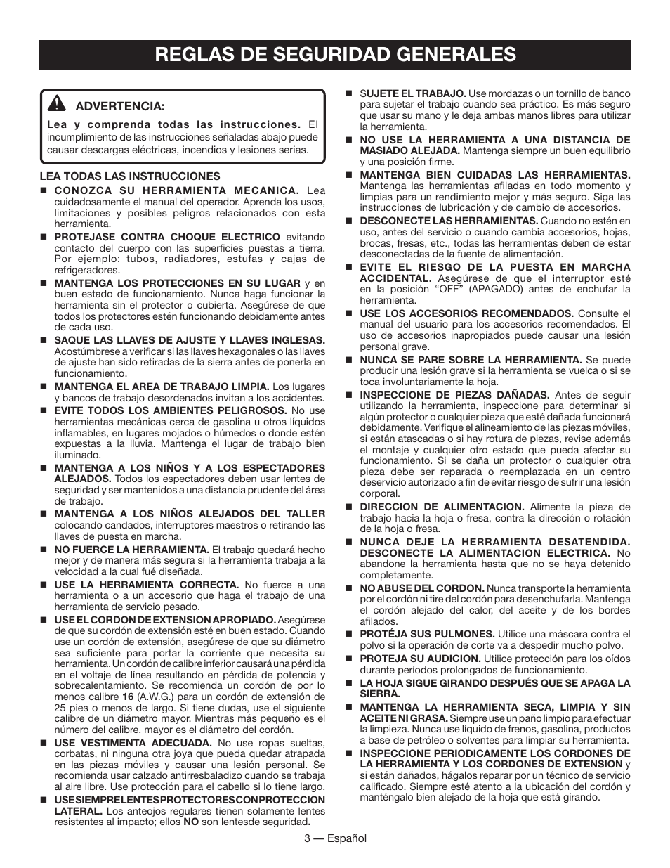 Reglas de seguridad generales | Ryobi BS903 User Manual | Page 33 / 56