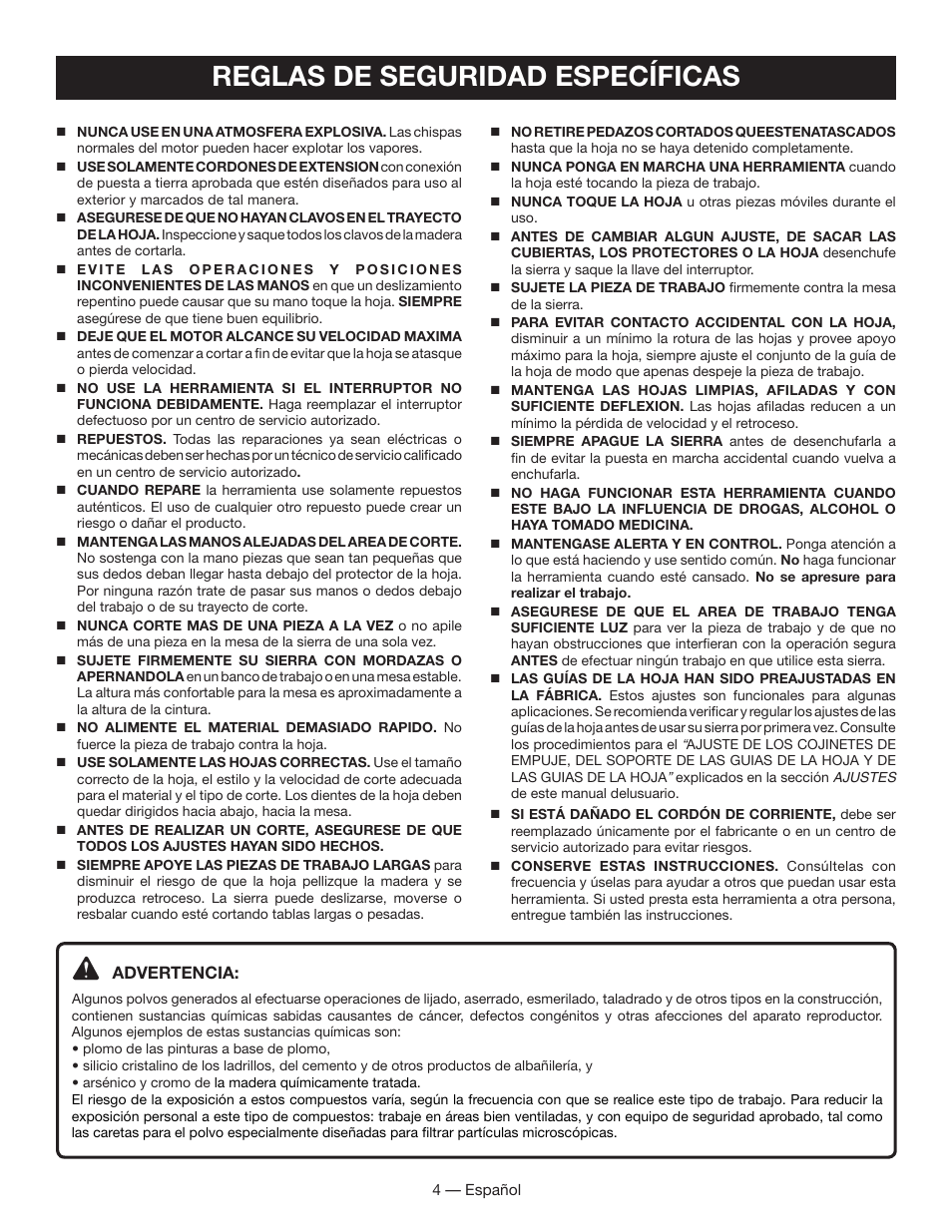 Reglas de seguridad específicas | Ryobi BS903 User Manual | Page 34 / 56