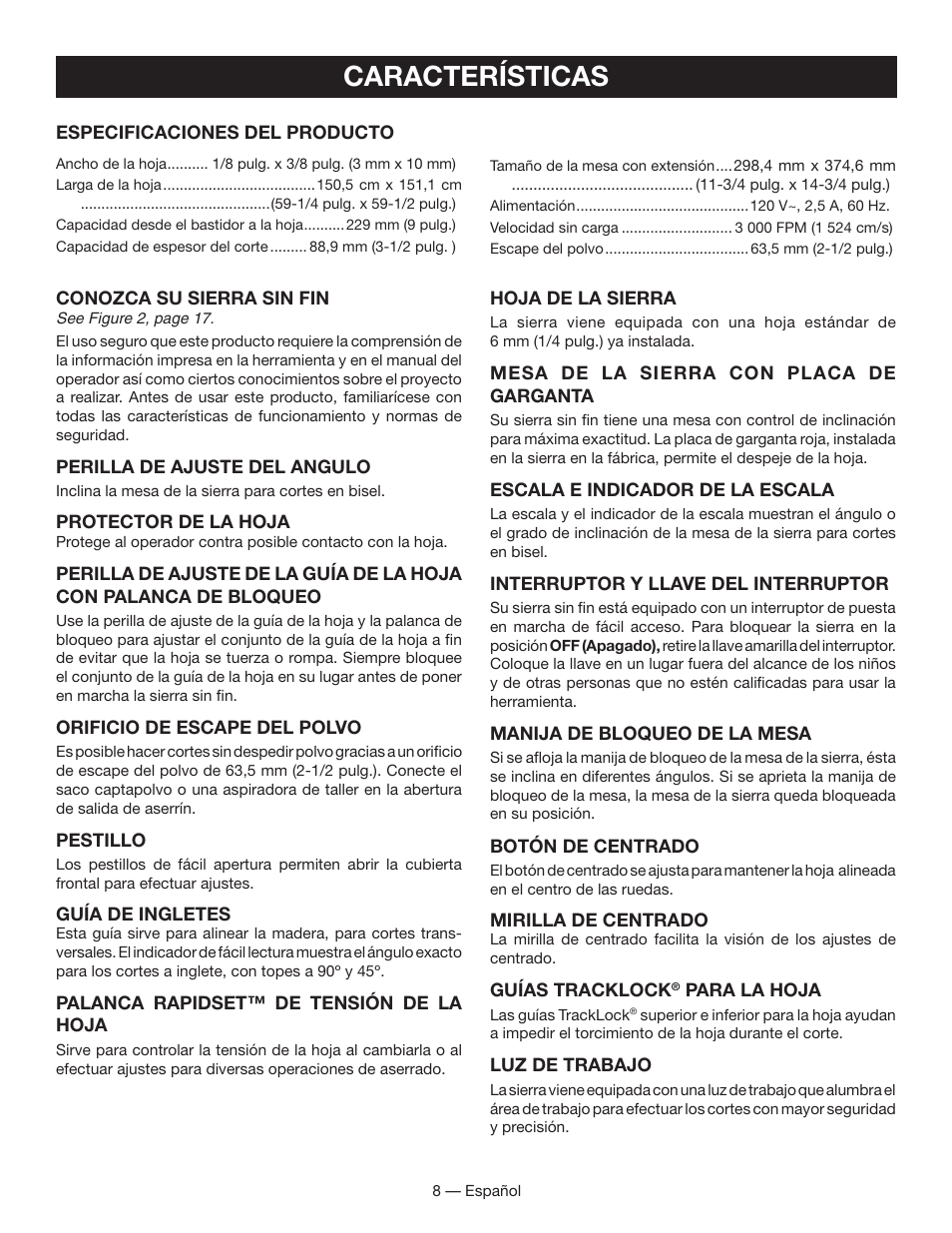 Características | Ryobi BS903 User Manual | Page 38 / 56