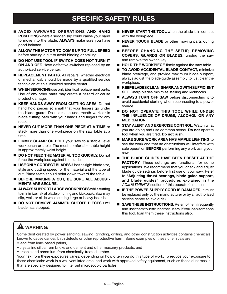 Specific safety rules | Ryobi BS903 User Manual | Page 4 / 56
