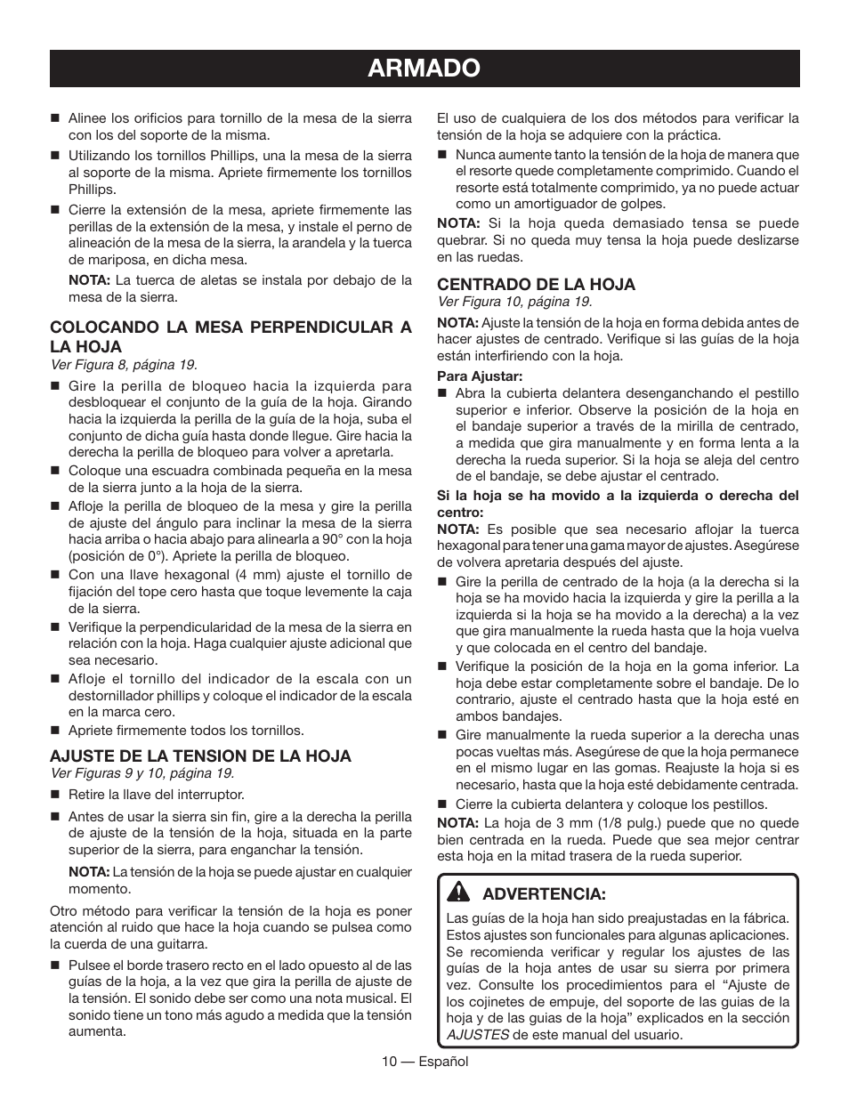 Armado | Ryobi BS903 User Manual | Page 40 / 56