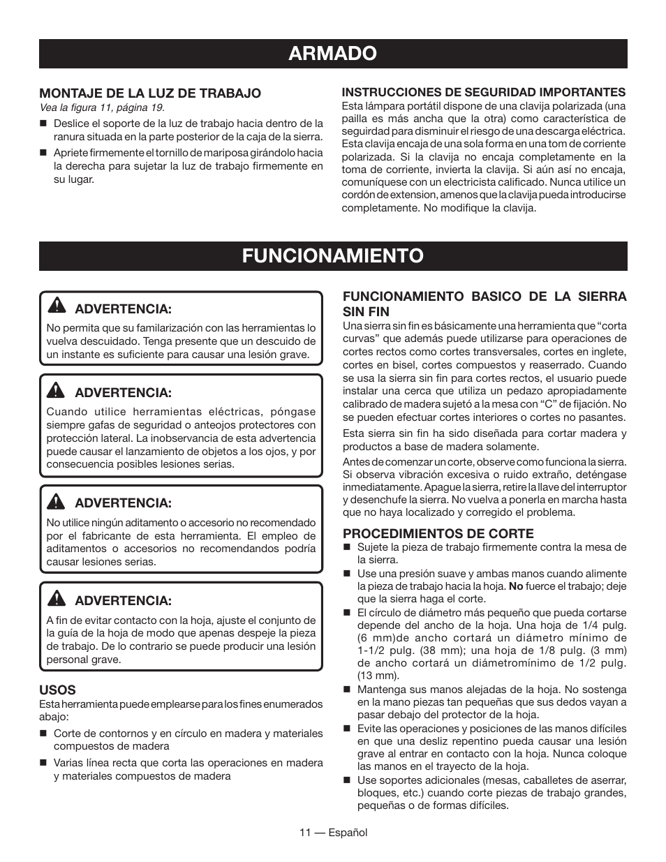 Armado, Funcionamiento | Ryobi BS903 User Manual | Page 41 / 56