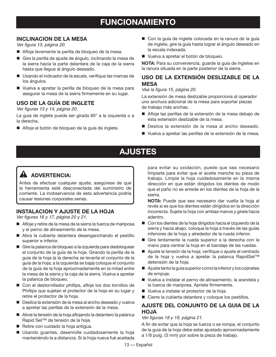 Funcionamiento, Ajustes | Ryobi BS903 User Manual | Page 43 / 56