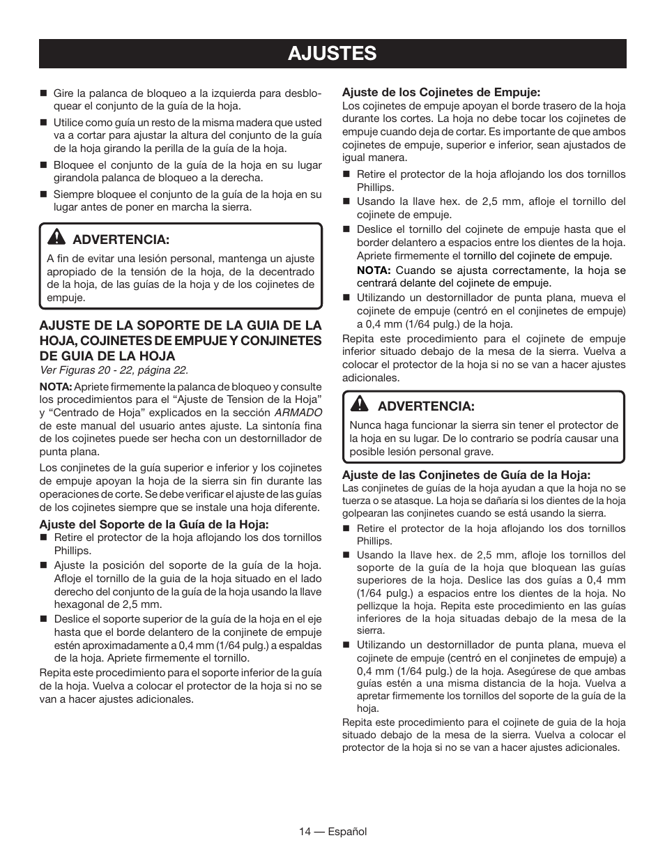 Ajustes | Ryobi BS903 User Manual | Page 44 / 56