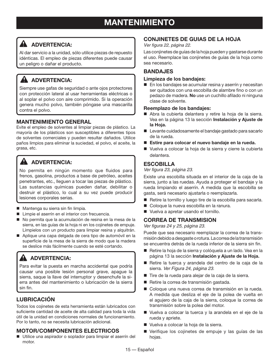 Mantenimiento | Ryobi BS903 User Manual | Page 45 / 56