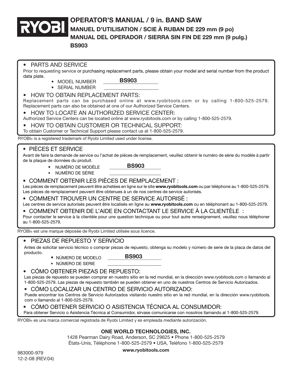 Operator’s manual / 9 in. band saw | Ryobi BS903 User Manual | Page 56 / 56