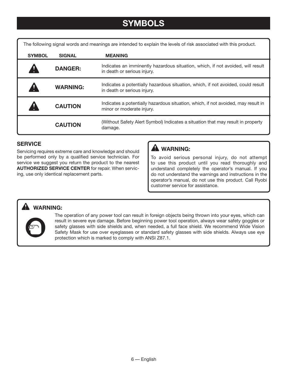 Symbols | Ryobi BS903 User Manual | Page 6 / 56