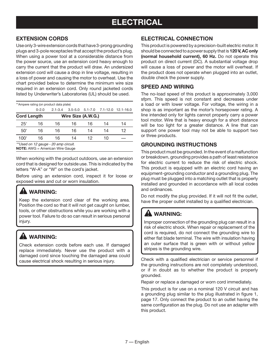 Electrical | Ryobi BS903 User Manual | Page 7 / 56