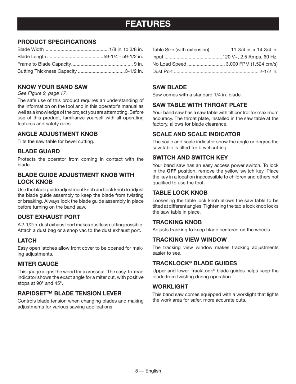 Features | Ryobi BS903 User Manual | Page 8 / 56