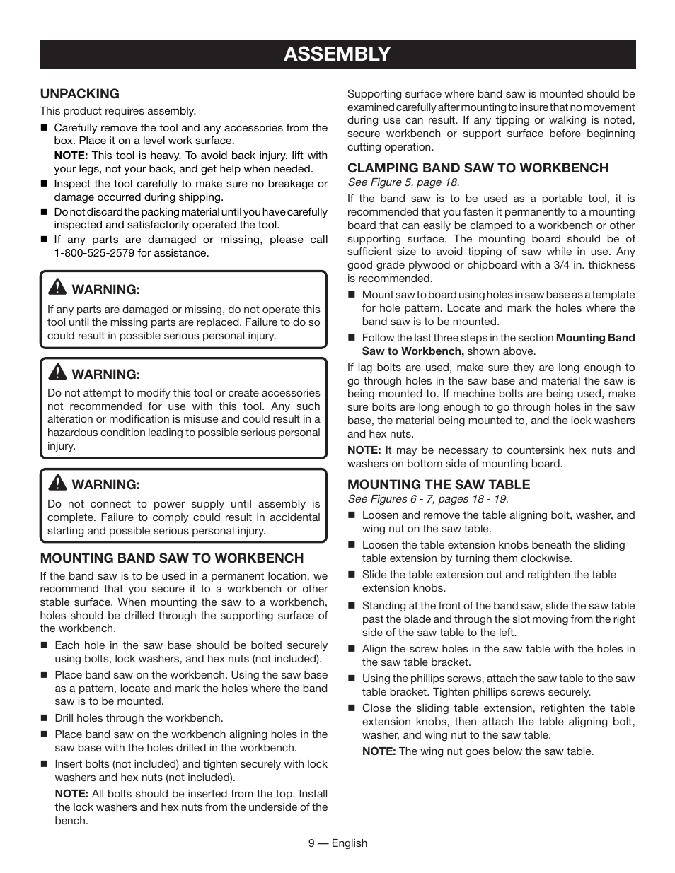 Assembly | Ryobi BS903 User Manual | Page 9 / 56