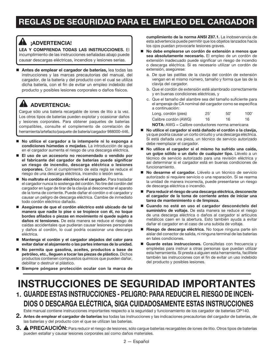 Instrucciones de seguridad importantes, Reglas de seguridad para el empleo del cargador | Ryobi OP140 User Manual | Page 10 / 16