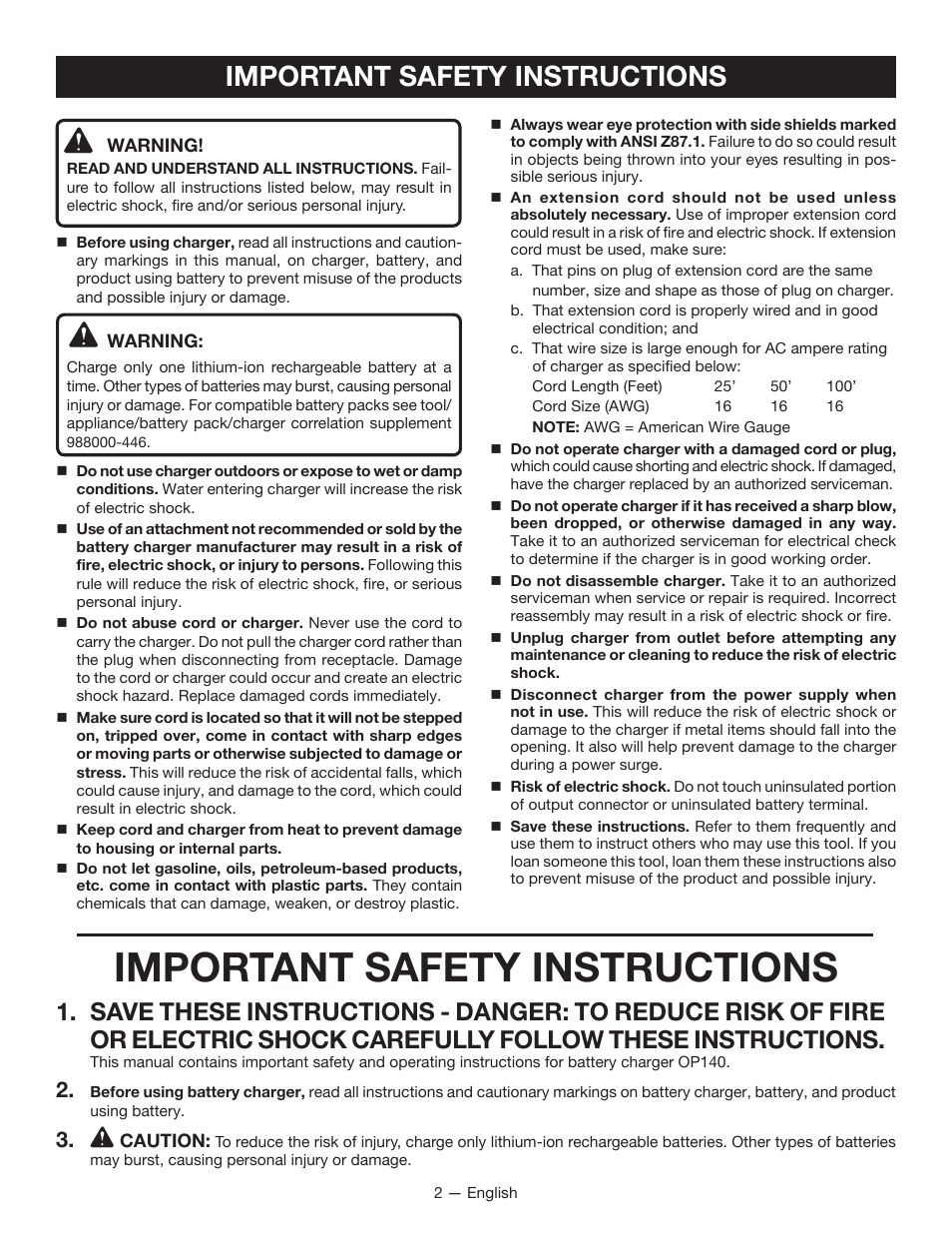 Important safety instructions | Ryobi OP140 User Manual | Page 2 / 16