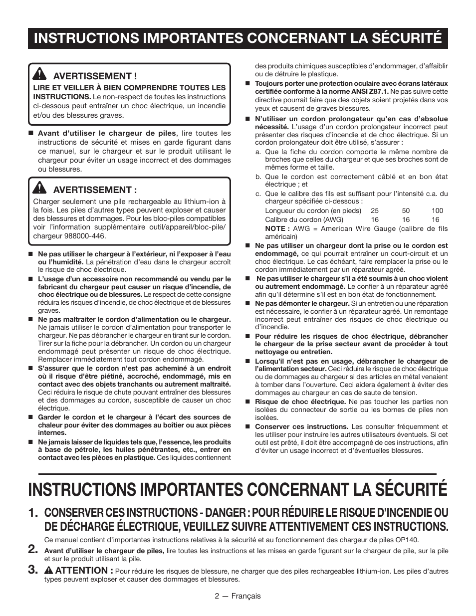 Instructions importantes concernant la sécurité | Ryobi OP140 User Manual | Page 6 / 16