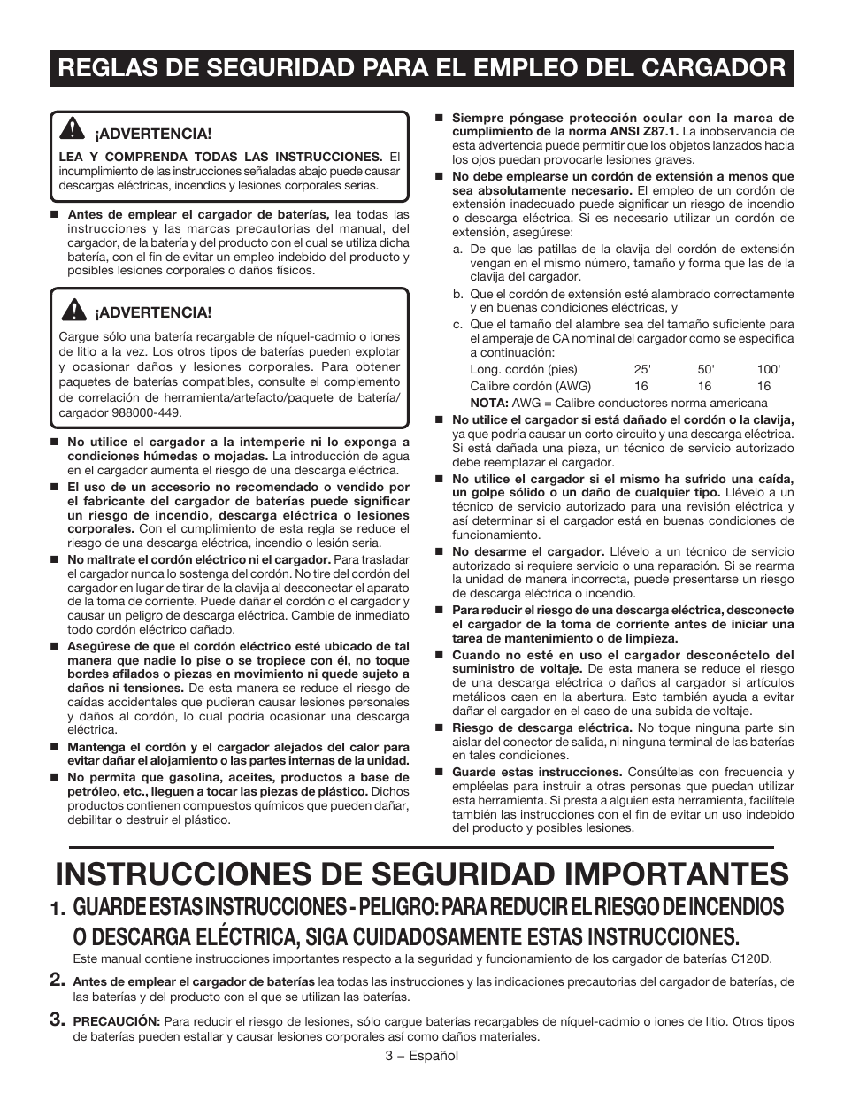 Instrucciones de seguridad importantes, Reglas de seguridad para el empleo del cargador | Ryobi C120D User Manual | Page 17 / 24