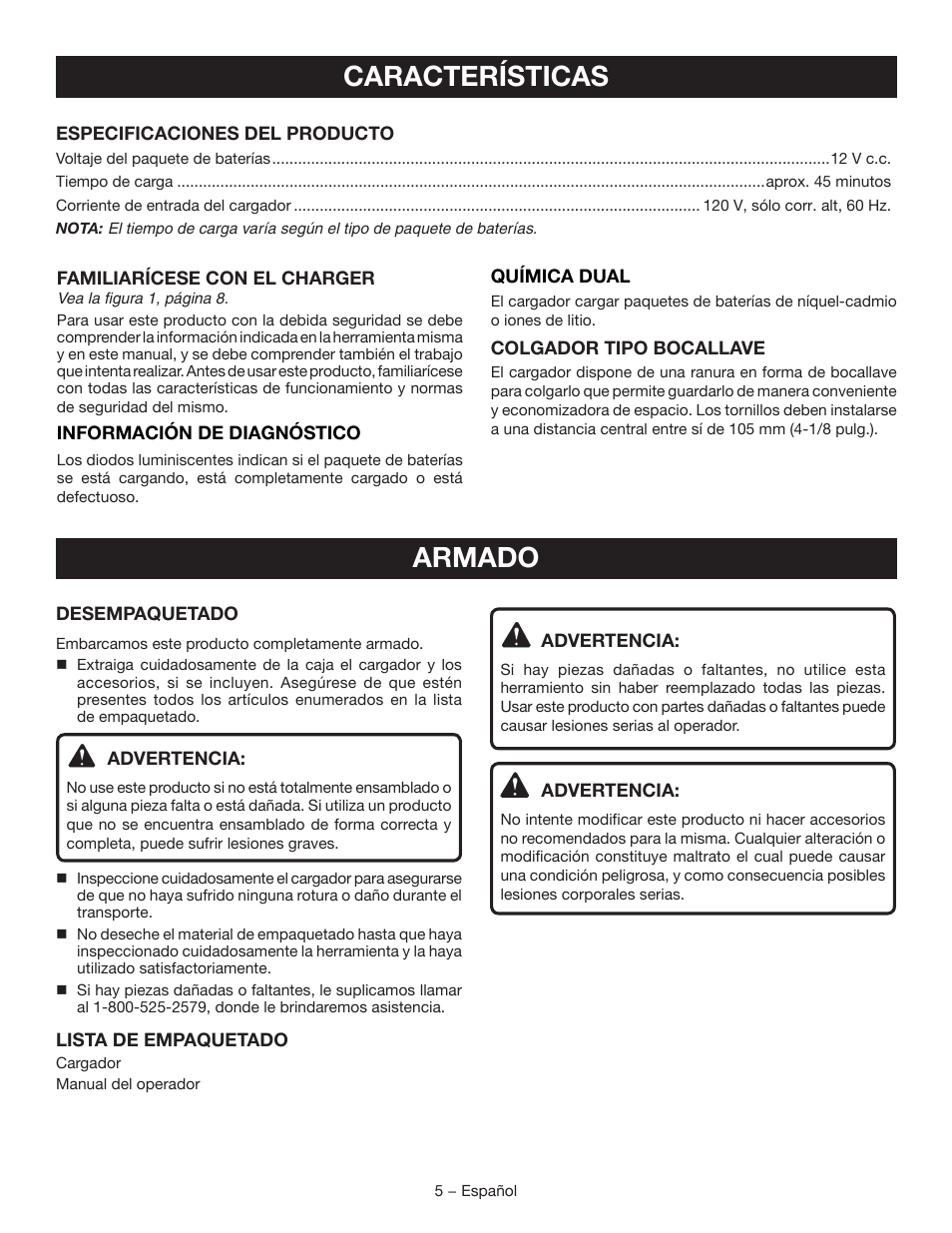 Características, Armado | Ryobi C120D User Manual | Page 19 / 24