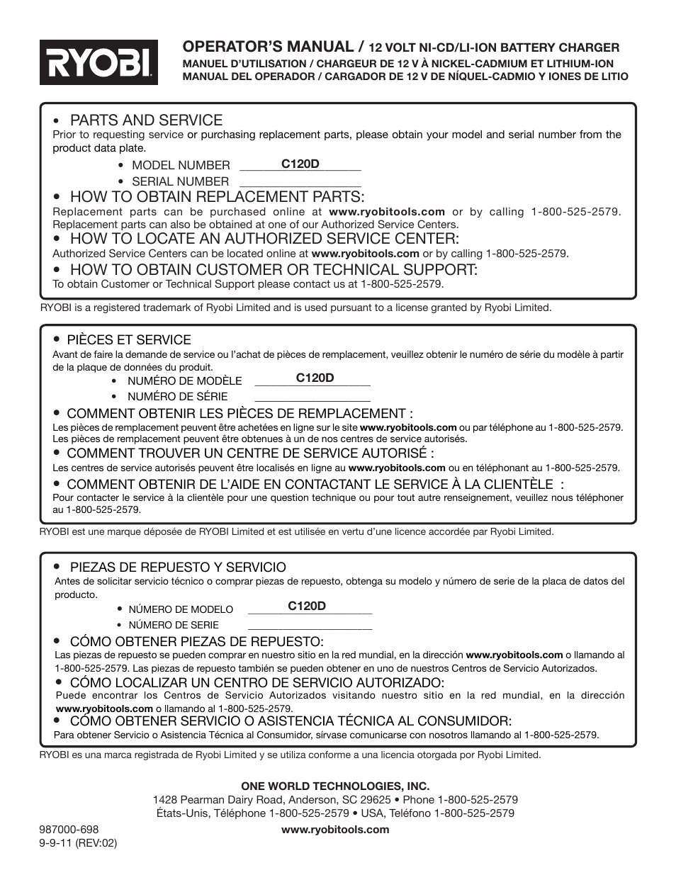 Parts and service, How to obtain replacement parts, How to locate an authorized service center | How to obtain customer or technical support, Operator’s manual | Ryobi C120D User Manual | Page 24 / 24
