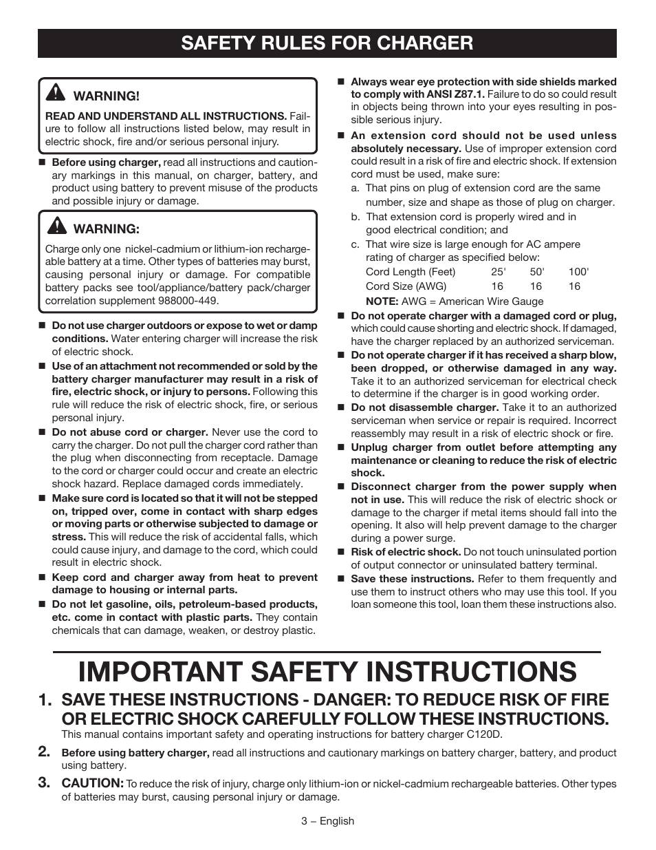 Important safety instructions, Safety rules for charger | Ryobi C120D User Manual | Page 3 / 24