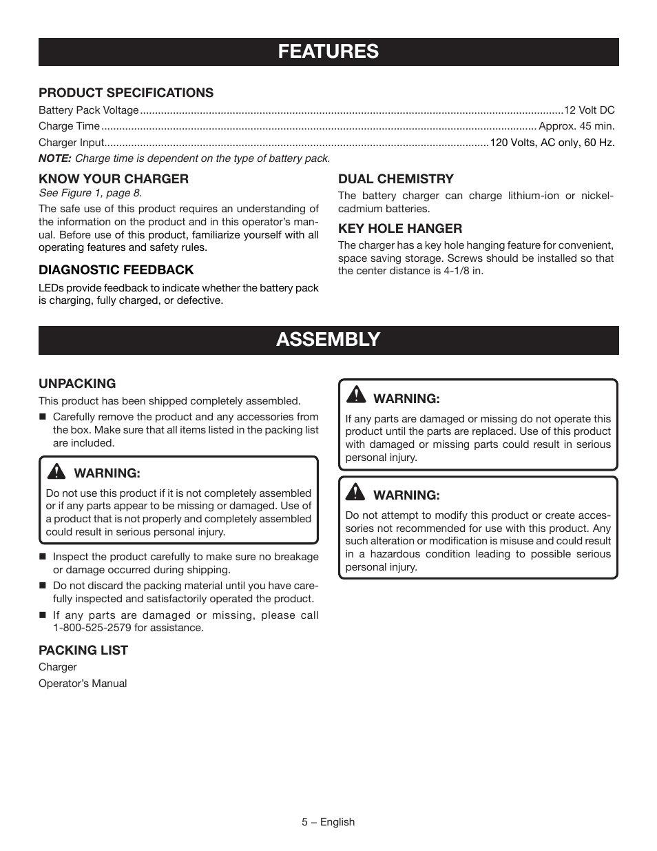 Features, Assembly | Ryobi C120D User Manual | Page 5 / 24